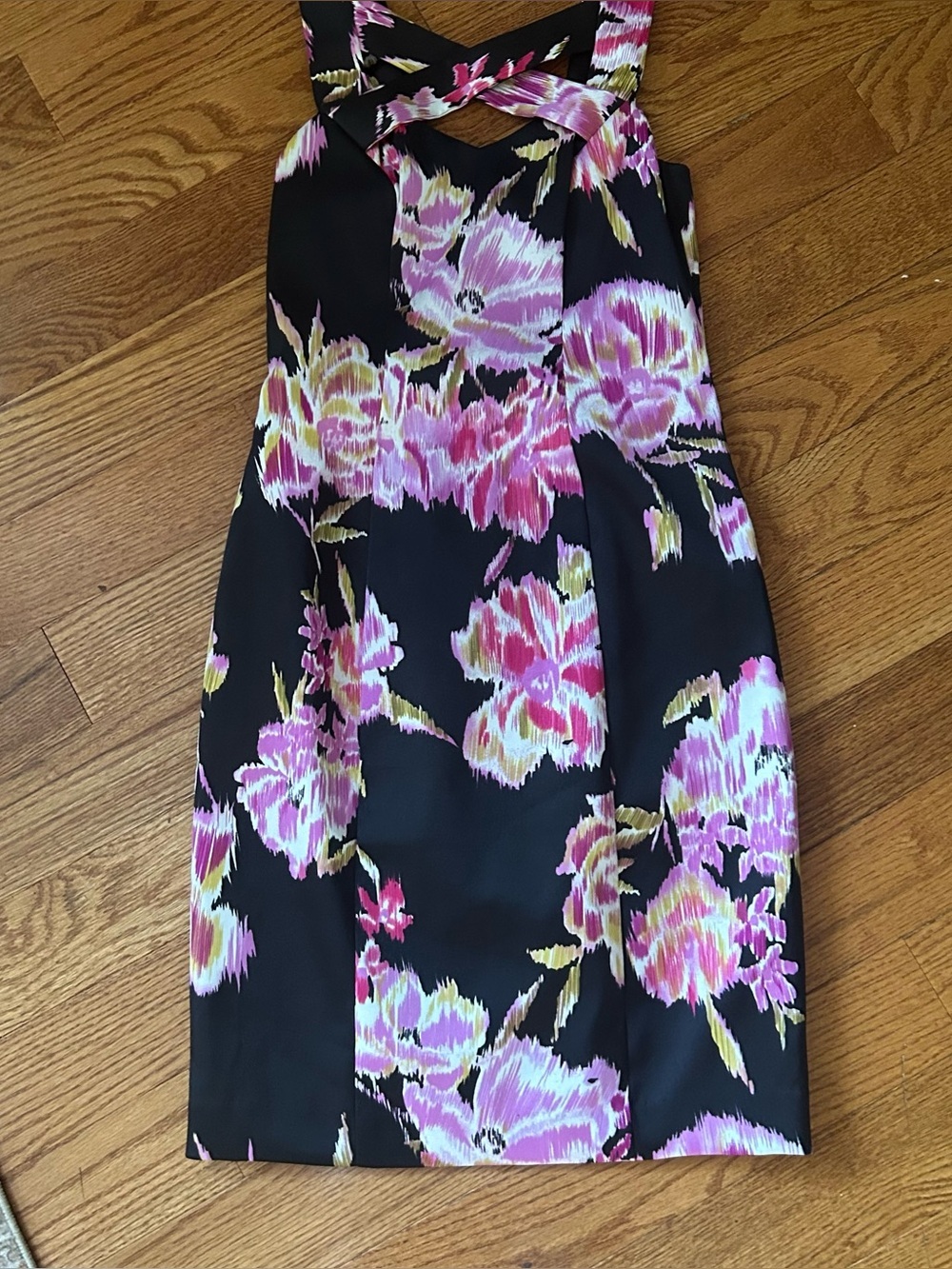 NWT Cache Black Pink Floral Crisscross Sheath Cocktail Dress Sz 2 Party Coquette